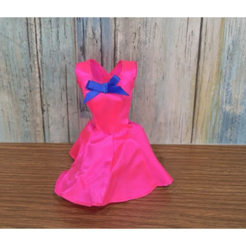 Barbie Fashion Doll Clothes Dress Hot Pink Satin Blue Bow Party Dress Outfit